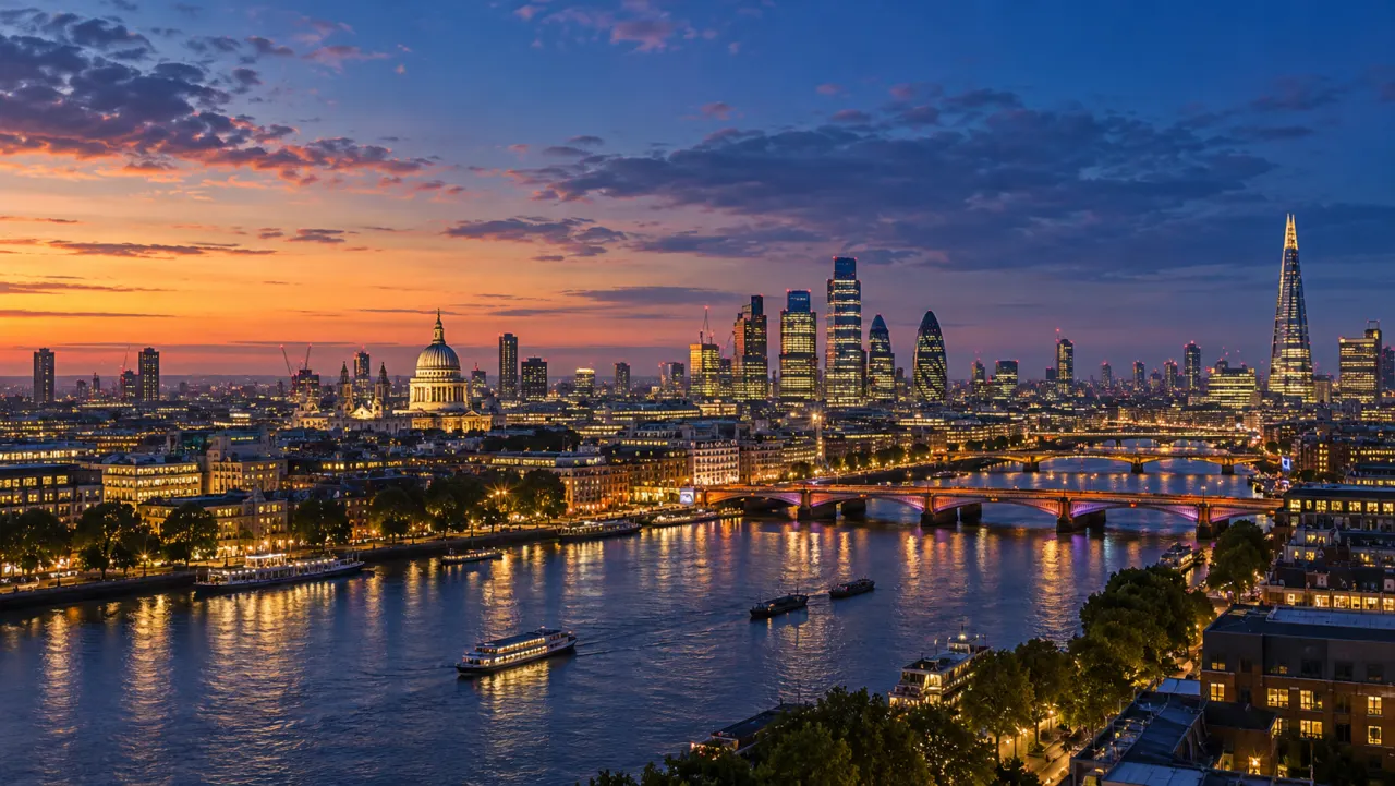 London at dusk from above the Thames — the opening view of the concept film