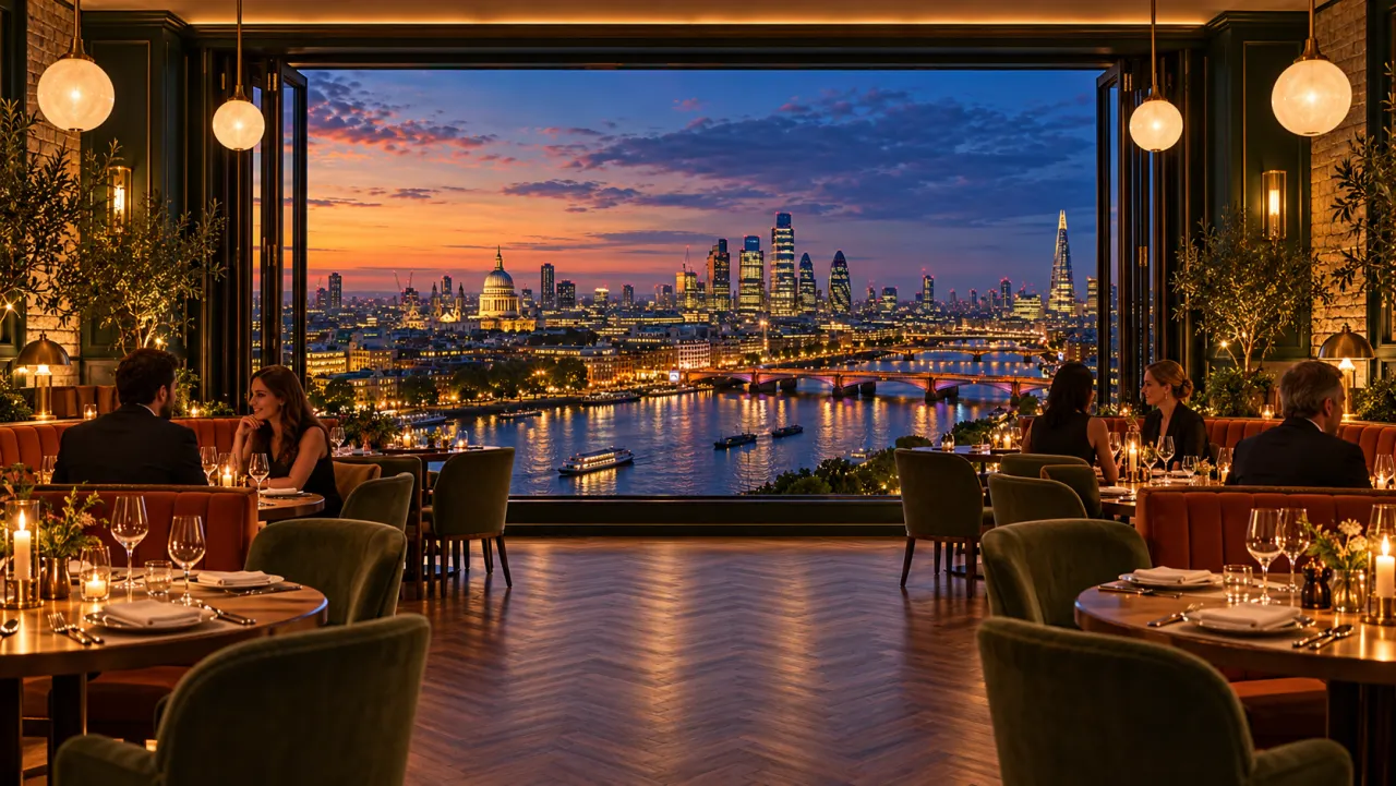 The dining room of Oak & Ember, a concept restaurant, with the river view behind its windows