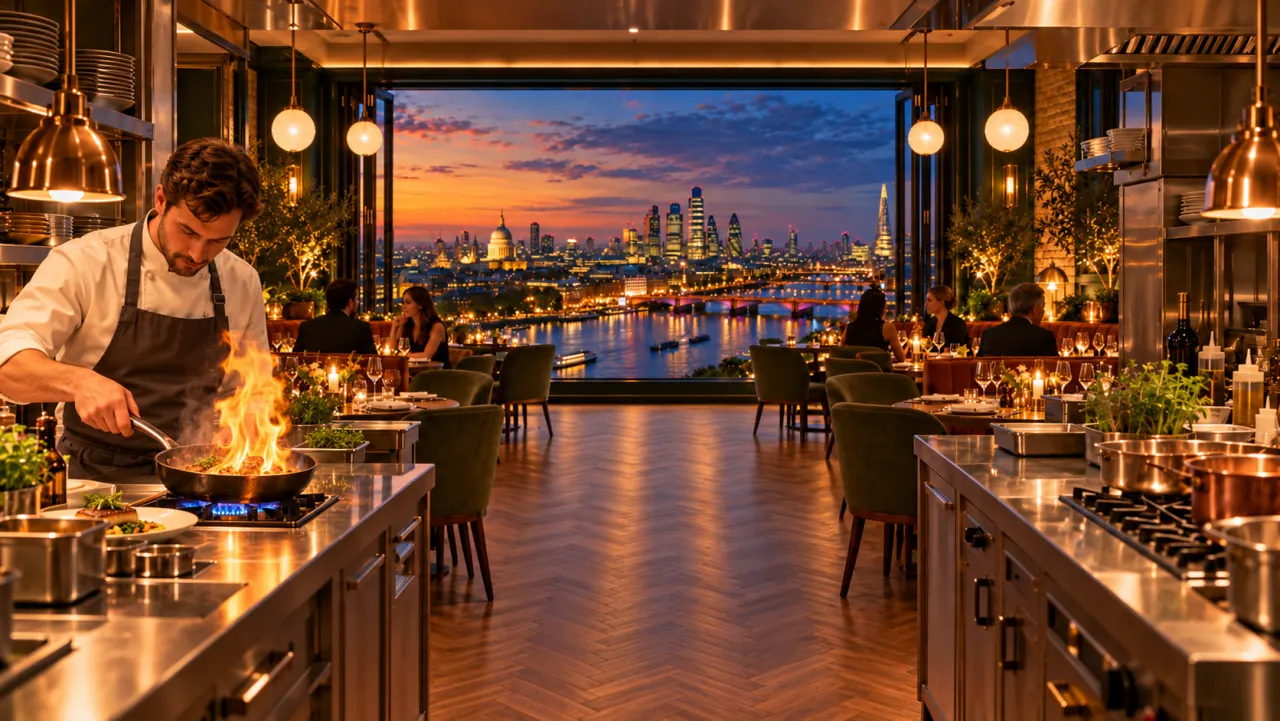 A chef at the open kitchen of the concept restaurant, a flame rising from the pan