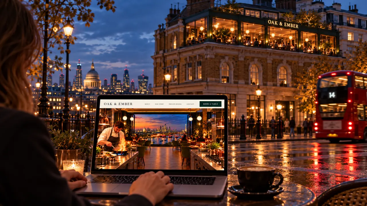 The concept restaurant's website on a laptop at a table across the street, the venue lit up behind